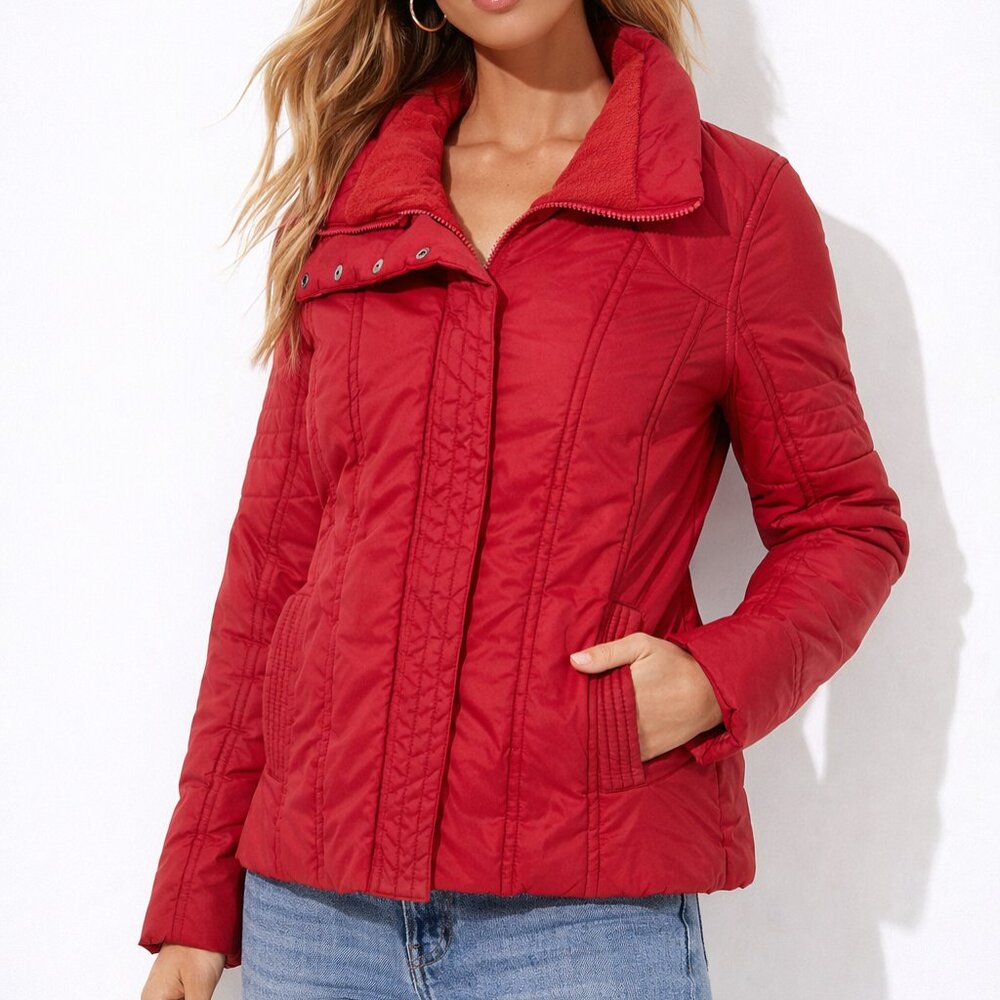 $120 MNG by Mango Red Puffer Jacket Women Medium Lightweight Quilted Winter Coat